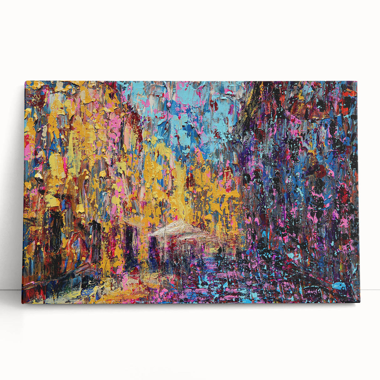Vibrant abstract expressionist wall art on stretched canvas, showcasing bold colors and dynamic brush strokes, perfect for modern decor.