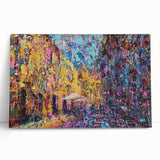 Vibrant abstract expressionist wall art on stretched canvas, showcasing bold colors and dynamic brush strokes, perfect for modern decor.