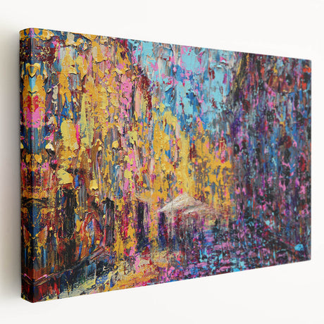Abstract expressionist wall art design displayed on stretched canvas, showcasing vibrant colors and dynamic brush strokes in a side view.