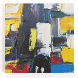 Vibrant abstract expressionist wall art on stretched canvas, showcasing dynamic brush strokes in bold colors, perfect for modern decor.