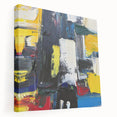 Abstract expressionist stretched canvas wall art featuring vibrant colors and dynamic brush strokes, showcasing an artistic side view for modern home decor.