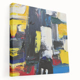 Abstract expressionist stretched canvas wall art featuring vibrant colors and dynamic brush strokes, showcasing an artistic side view for modern home decor.