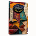 Abstract figurative wall art design showcasing vibrant colors and dynamic shapes, displayed in a sleek acrylic glass frame with visible mounting pins.