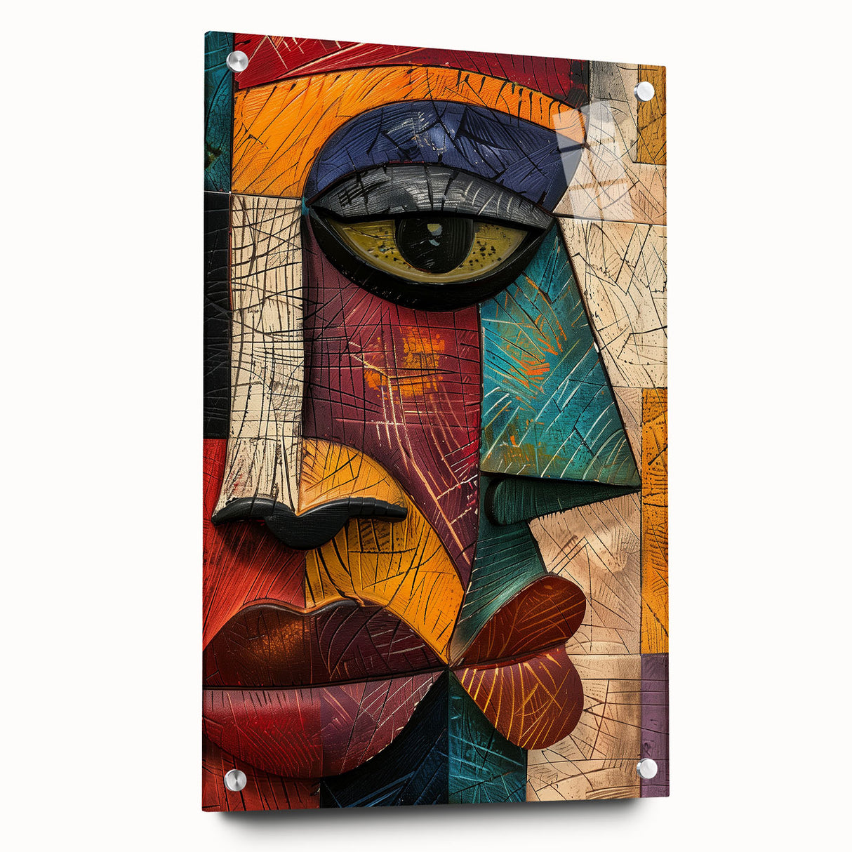 Abstract figurative wall art design showcasing vibrant colors and dynamic shapes, displayed in a sleek acrylic glass frame with visible mounting pins.