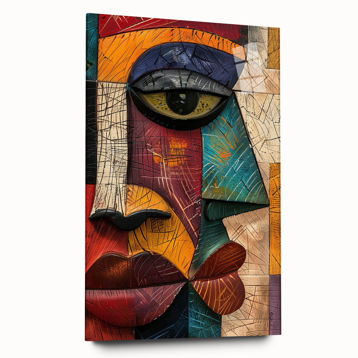 Abstract figurative wall art collection displayed in a side view, showcasing vibrant colors and fluid shapes on acrylic glass, perfect for modern decor.
