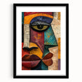 Framed abstract figurative wall art design showcasing vibrant colors and unique shapes, set against a sleek black mat for a modern aesthetic.