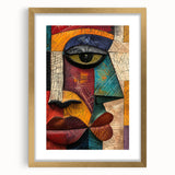 Abstract figurative wall art design in a gold frame featuring vibrant colors and dynamic shapes, perfect for modern home decor.