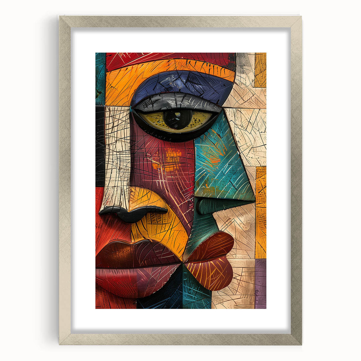 Framed abstract figurative wall art design in a sleek silver frame, showcasing vibrant colors and dynamic shapes, perfect for modern decor.
