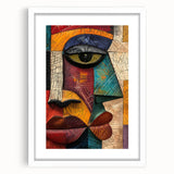 Abstract figurative wall art piece featuring vibrant colors and dynamic shapes, framed with a white mat to enhance its modern aesthetic.