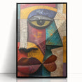 Framed abstract figurative wall art design showcasing vibrant colors and dynamic shapes, elegantly displayed with a sleek black frame.