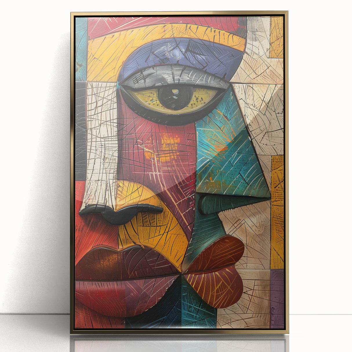Framed abstract figurative wall art with a gold-acrylic finish, showcasing vibrant colors and dynamic shapes, ideal for modern decor.
