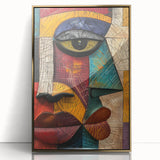 Framed abstract figurative wall art with a gold-acrylic finish, showcasing vibrant colors and dynamic shapes, ideal for modern decor.
