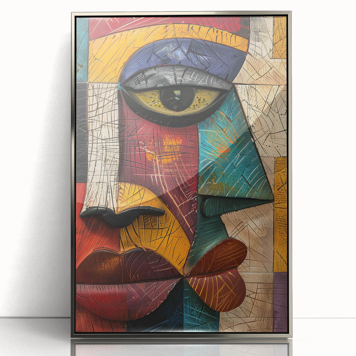 Framed abstract figurative wall art design showcasing a silver-acrylic finish, with fluid shapes and modern aesthetics, perfect for contemporary decor.