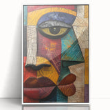 Framed abstract figurative wall art featuring vibrant colors and fluid shapes, displayed against a white background for a modern aesthetic.