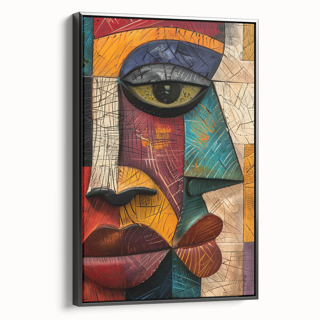 Framed abstract figurative wall art showcasing a vibrant color palette with fluid shapes, displayed in a sleek black frame, side view.
