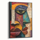 Framed abstract figurative wall art showcasing a vibrant color palette with fluid shapes, displayed in a sleek black frame, side view.
