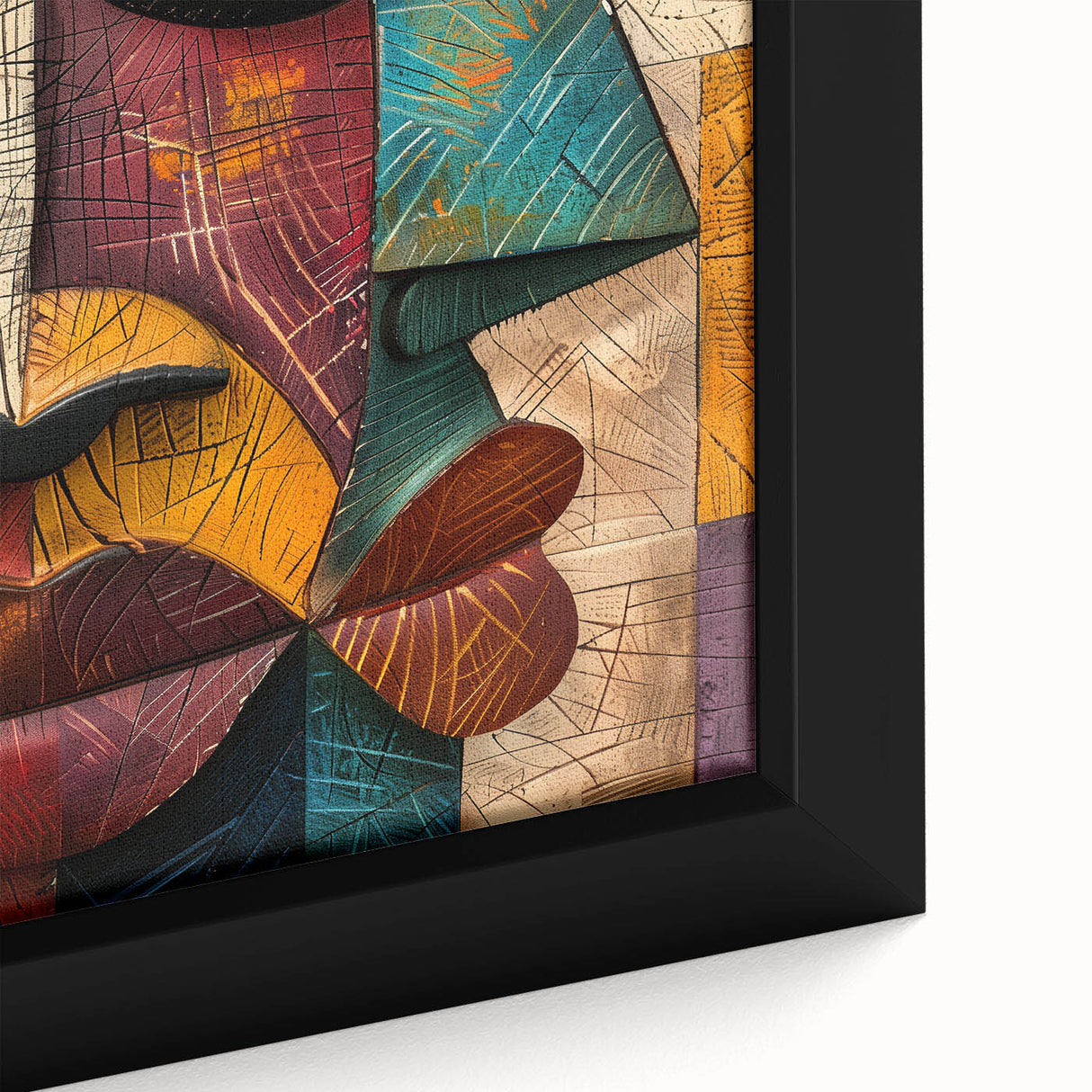 Close-up of a framed abstract figurative wall art piece showcasing vibrant colors and dynamic shapes, perfect for modern home decor.