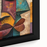 Close-up of a framed abstract figurative wall art piece showcasing vibrant colors and dynamic shapes, perfect for modern home decor.