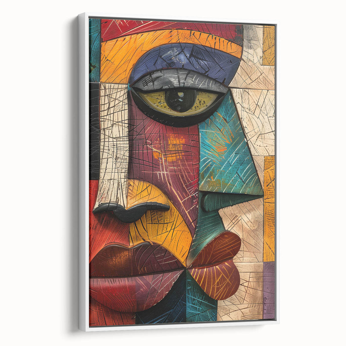 Framed abstract figurative wall art in a white frame, showcasing vibrant colors and dynamic shapes, ideal for modern home decor.