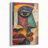 Framed abstract figurative wall art in a white frame, showcasing vibrant colors and dynamic shapes, ideal for modern home decor.