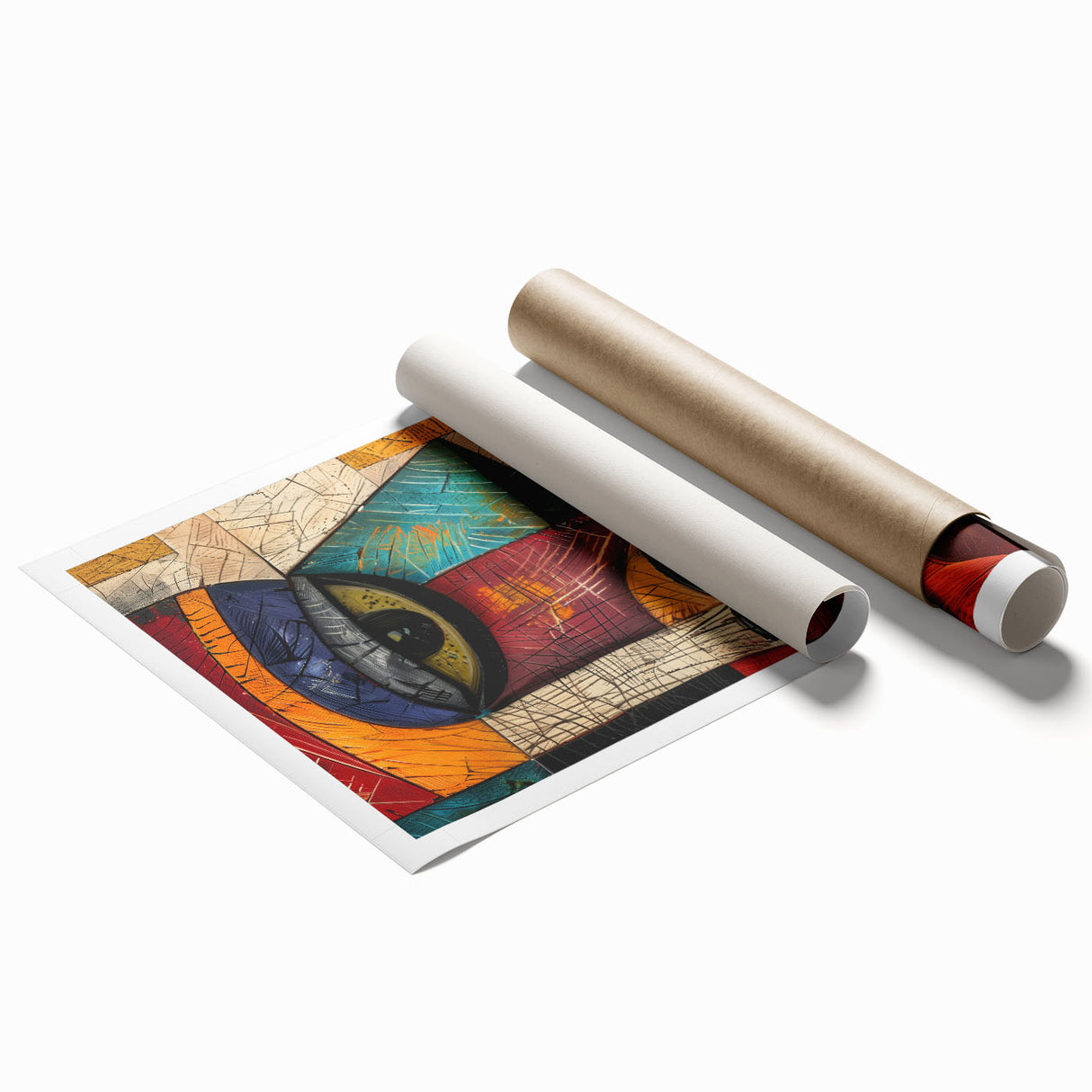 Abstract figurative wall art print showcasing vibrant colors and dynamic shapes, perfect for modern decor, rolled for easy framing.