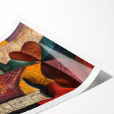 Abstract figurative wall art print showcasing vibrant colors and dynamic shapes, rolled for easy shipping and framing, ideal for modern decor.