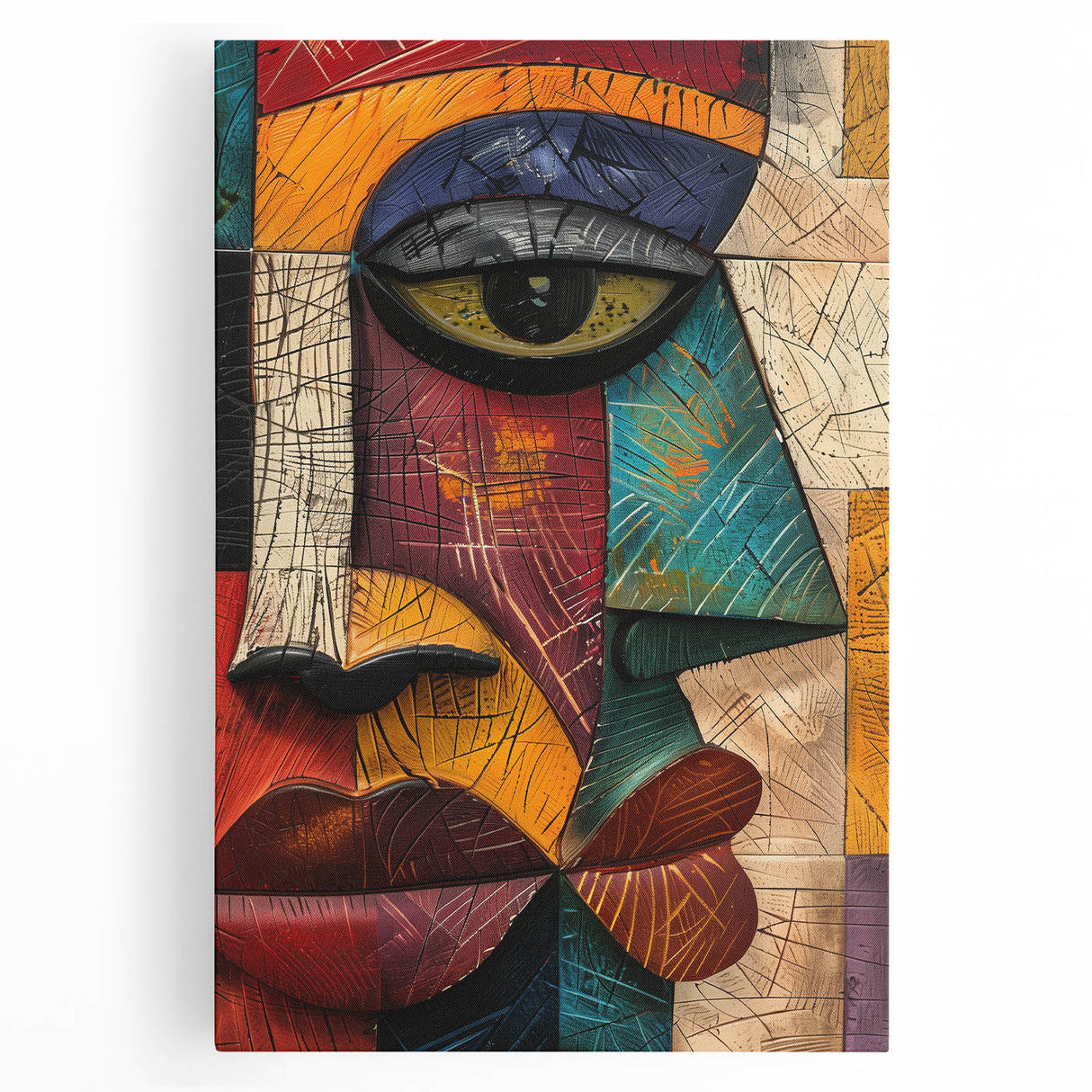 Abstract figurative wall art collection displayed on stretched canvas, showcasing vibrant colors and dynamic shapes that enhance modern decor.