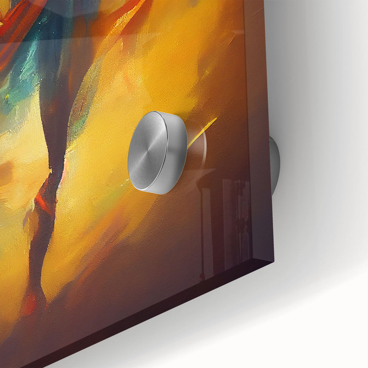 Close-up of an abstract figurative wall art piece featuring vibrant colors and fluid shapes, crafted with acrylic glass for a modern aesthetic.