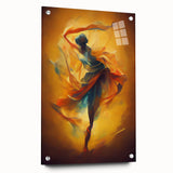 Abstract figurative wall art design in acrylic glass, showcasing vibrant colors and dynamic shapes, elegantly displayed with pins against a minimalist background.