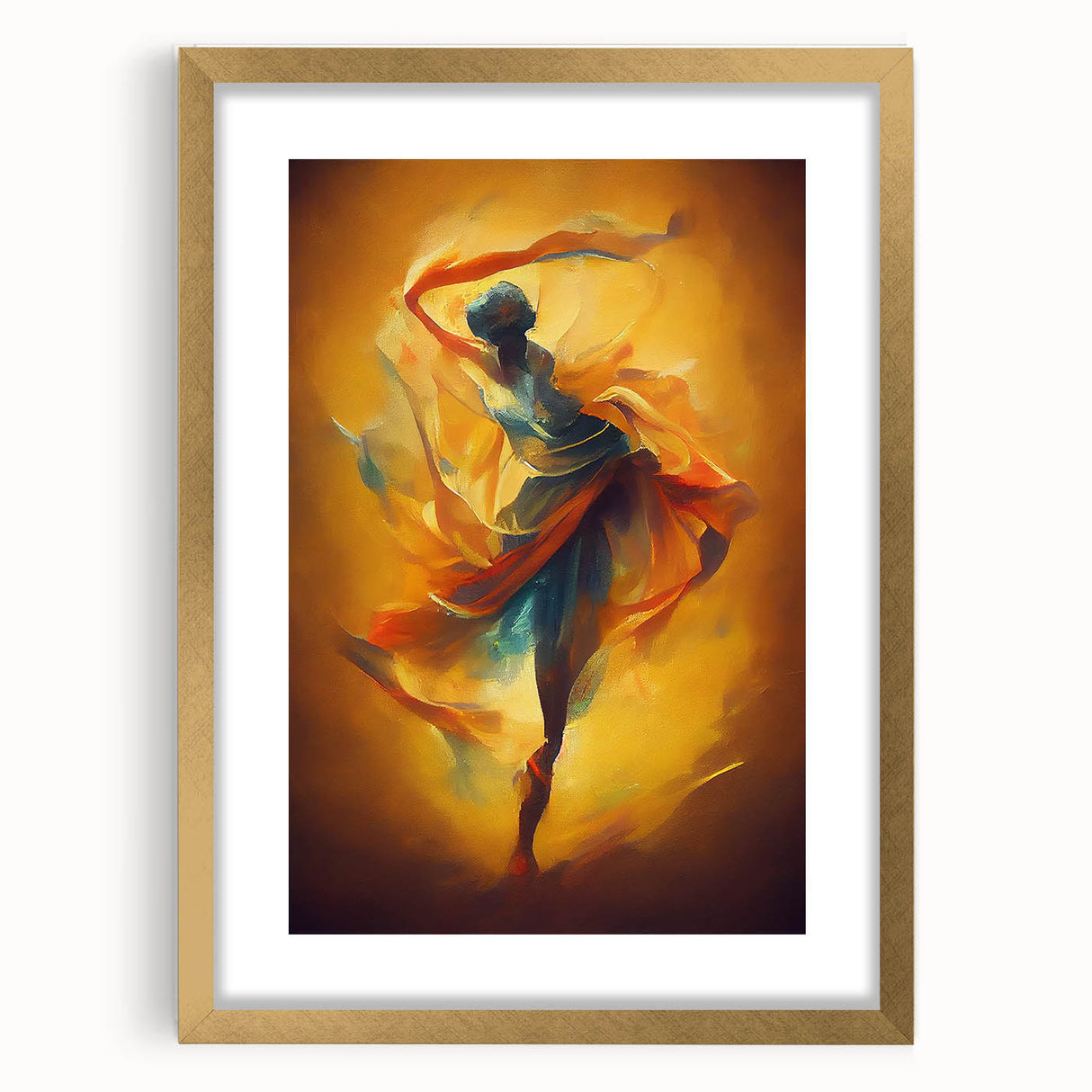 Framed abstract figurative wall art design with a gold mat, showcasing vibrant colors and modern shapes, perfect for contemporary decor.