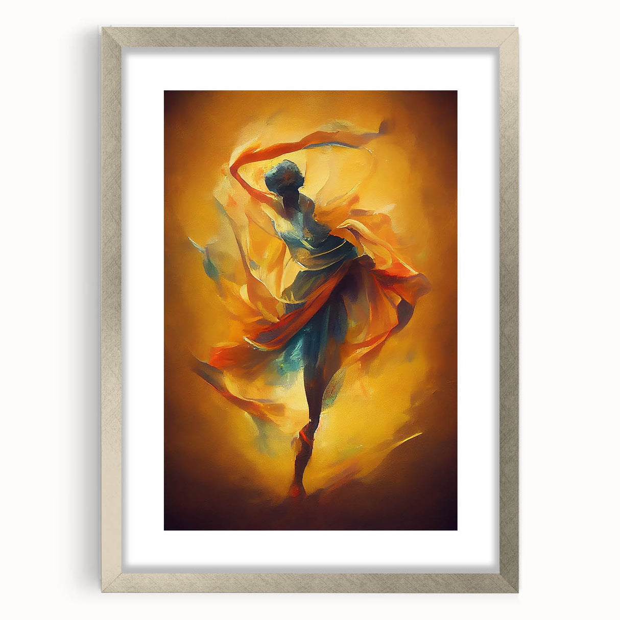Framed silver mat wall art featuring an abstract figurative design, showcasing vibrant colors and modern aesthetics, ideal for contemporary decor.