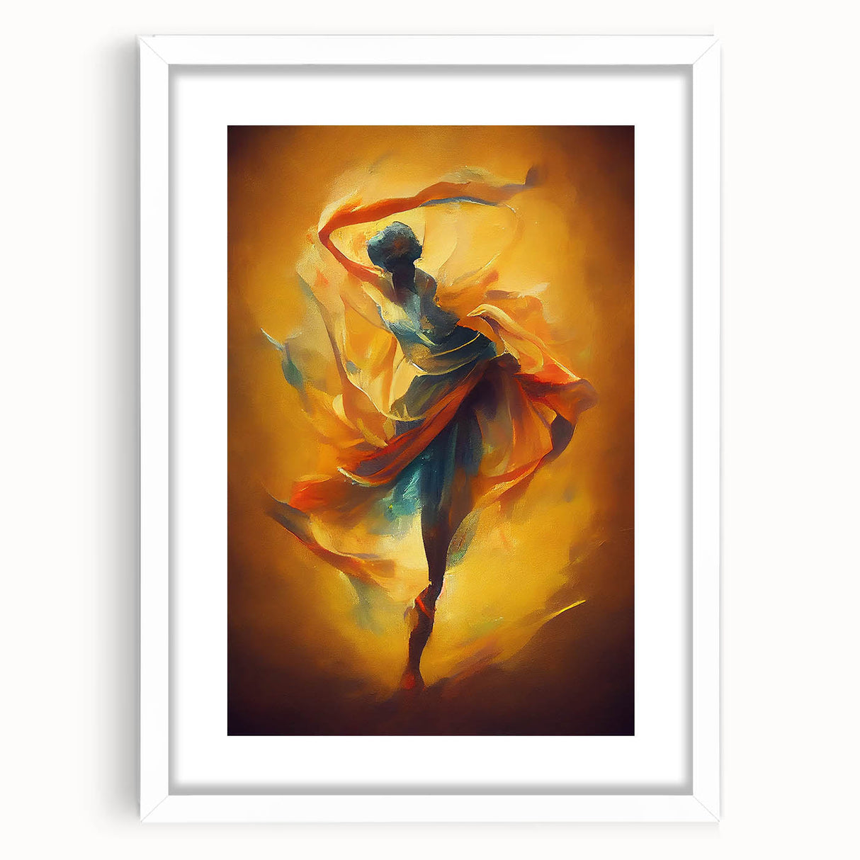 Framed abstract figurative wall art design showcasing vibrant colors and fluid shapes, set in a sleek white frame with matting.