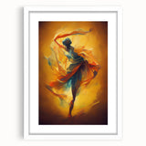 Framed abstract figurative wall art design showcasing vibrant colors and fluid shapes, set in a sleek white frame with matting.