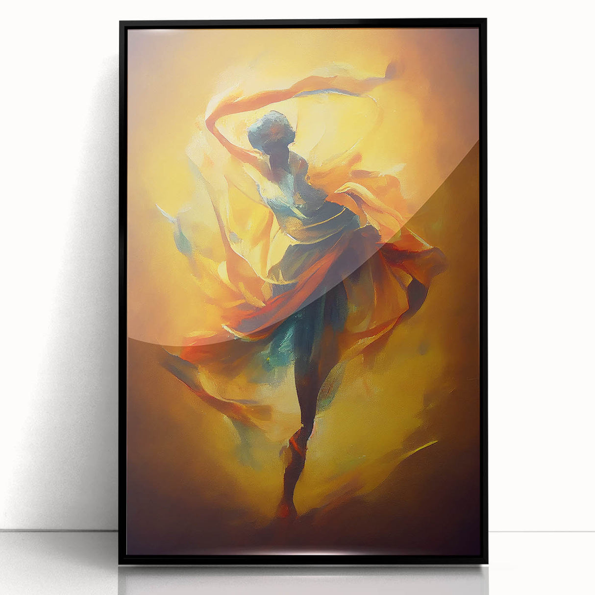 Framed abstract figurative wall art design showcasing vibrant colors and fluid shapes, set against a sleek black frame for a modern touch.