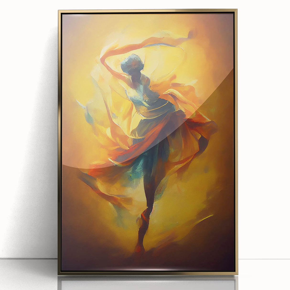 Framed abstract figurative wall art design featuring gold accents, showcasing modern shapes and textures, perfect for contemporary decor.