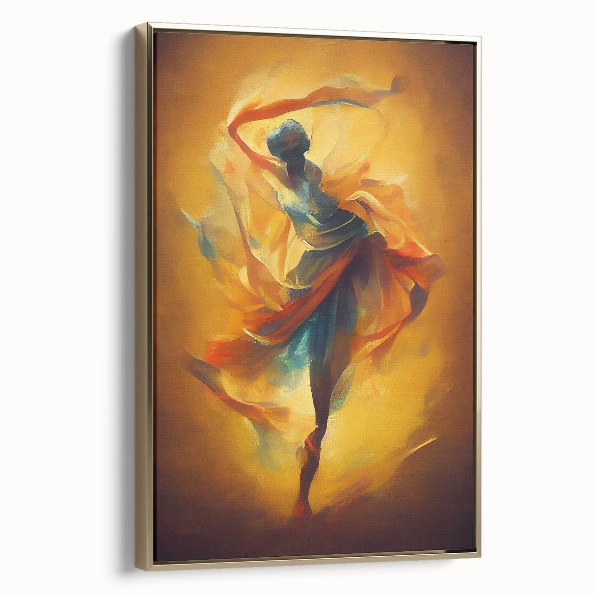 Framed abstract figurative wall art design showcasing gold accents and modern shapes, ideal for contemporary home decor.