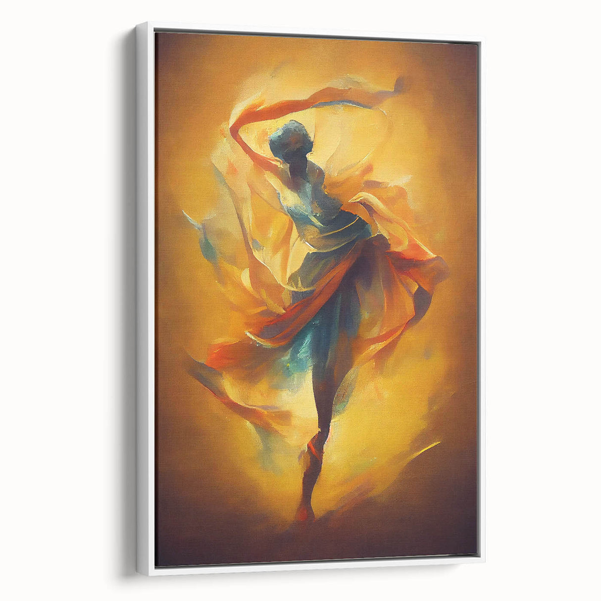 Framed abstract figurative wall art in a modern white frame, showcasing vibrant colors and flowing shapes, perfect for contemporary decor.