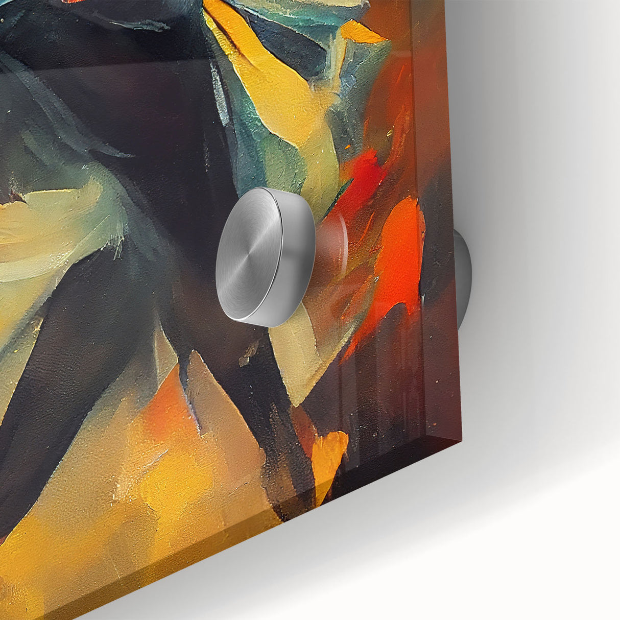 Close-up of an abstract figurative wall art piece featuring vibrant colors and dynamic shapes, designed to enhance modern interior spaces.