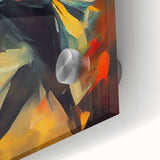 Close-up of an abstract figurative wall art piece featuring vibrant colors and dynamic shapes, designed to enhance modern interior spaces.
