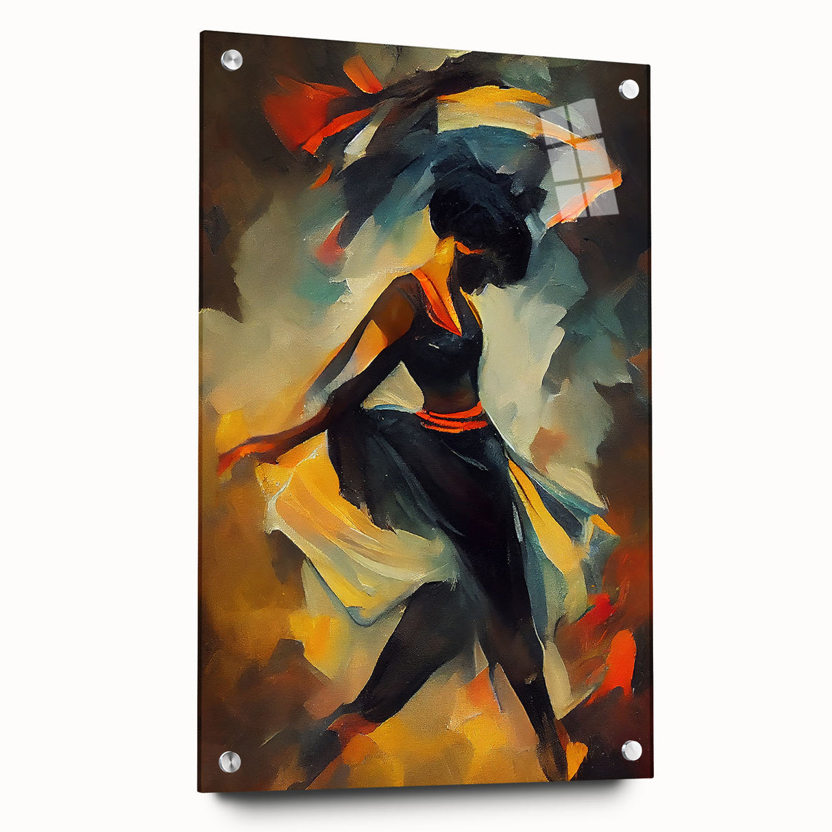 Abstract figurative wall art collection displayed with acrylic glass, showcasing vibrant colors and modern design elements, ideal for contemporary decor.