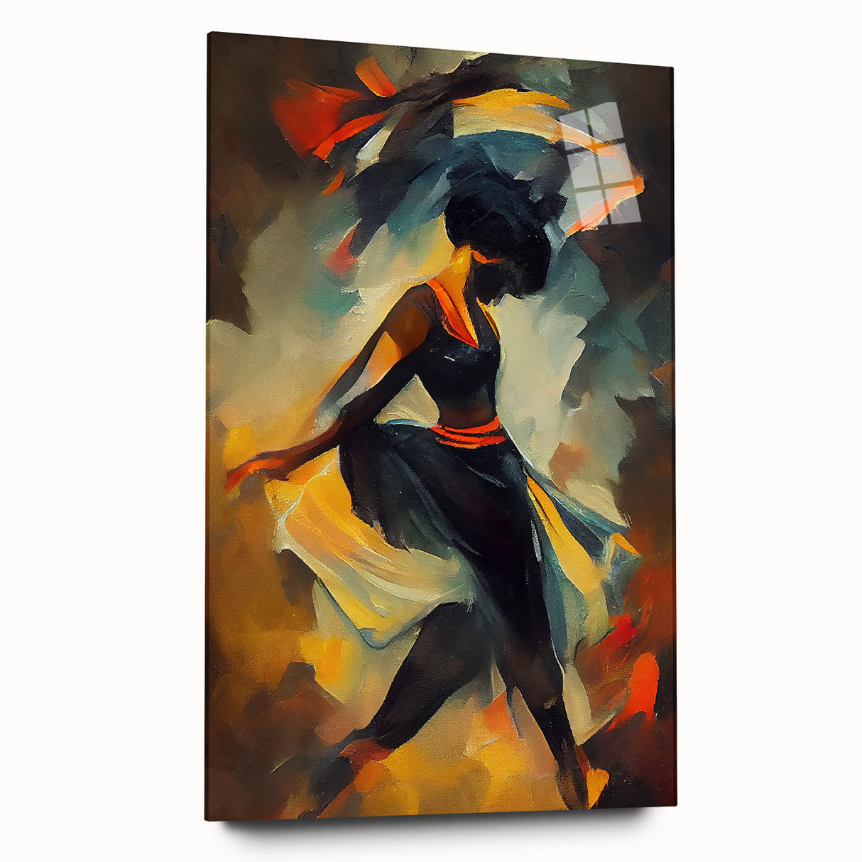 Abstract figurative wall art design displayed in a sleek acrylic frame, showcasing vibrant colors and dynamic shapes, perfect for modern decor.