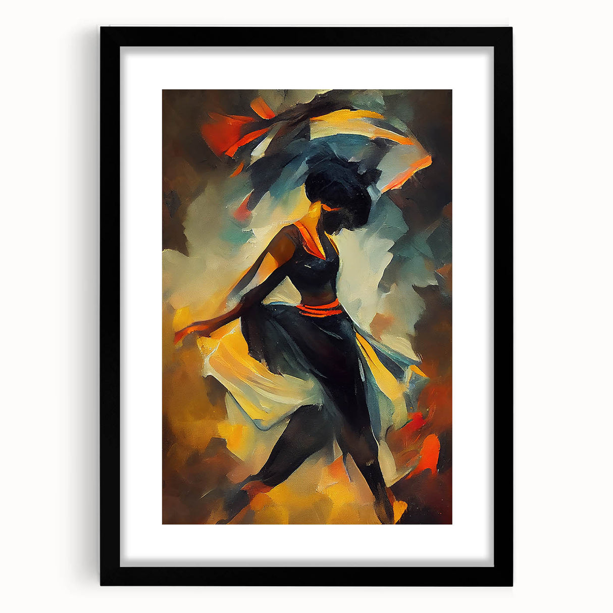 Abstract figurative wall art collection featuring a black frame and mat, showcasing vibrant colors and dynamic shapes in a modern design.