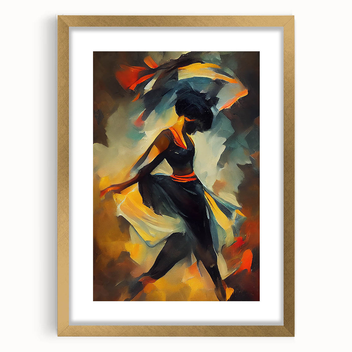 Framed abstract figurative wall art design in gold, showcasing dynamic shapes and organic forms, perfect for modern home decor.