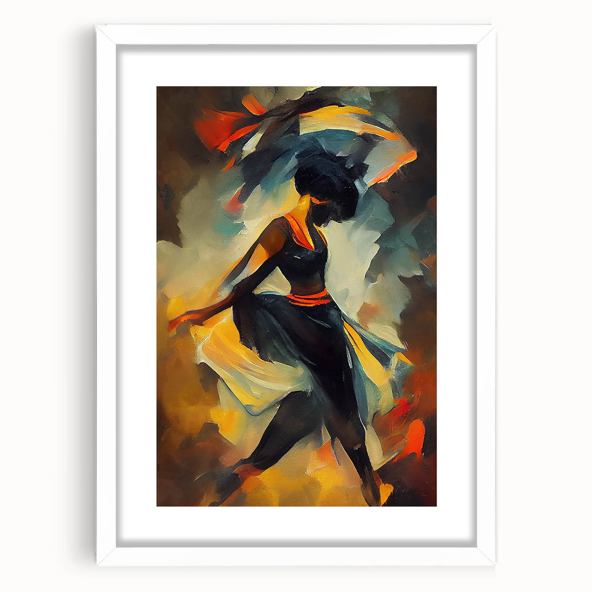 Framed abstract figurative wall art design in white matting, showcasing vibrant colors and unique shapes, ideal for modern home decor.