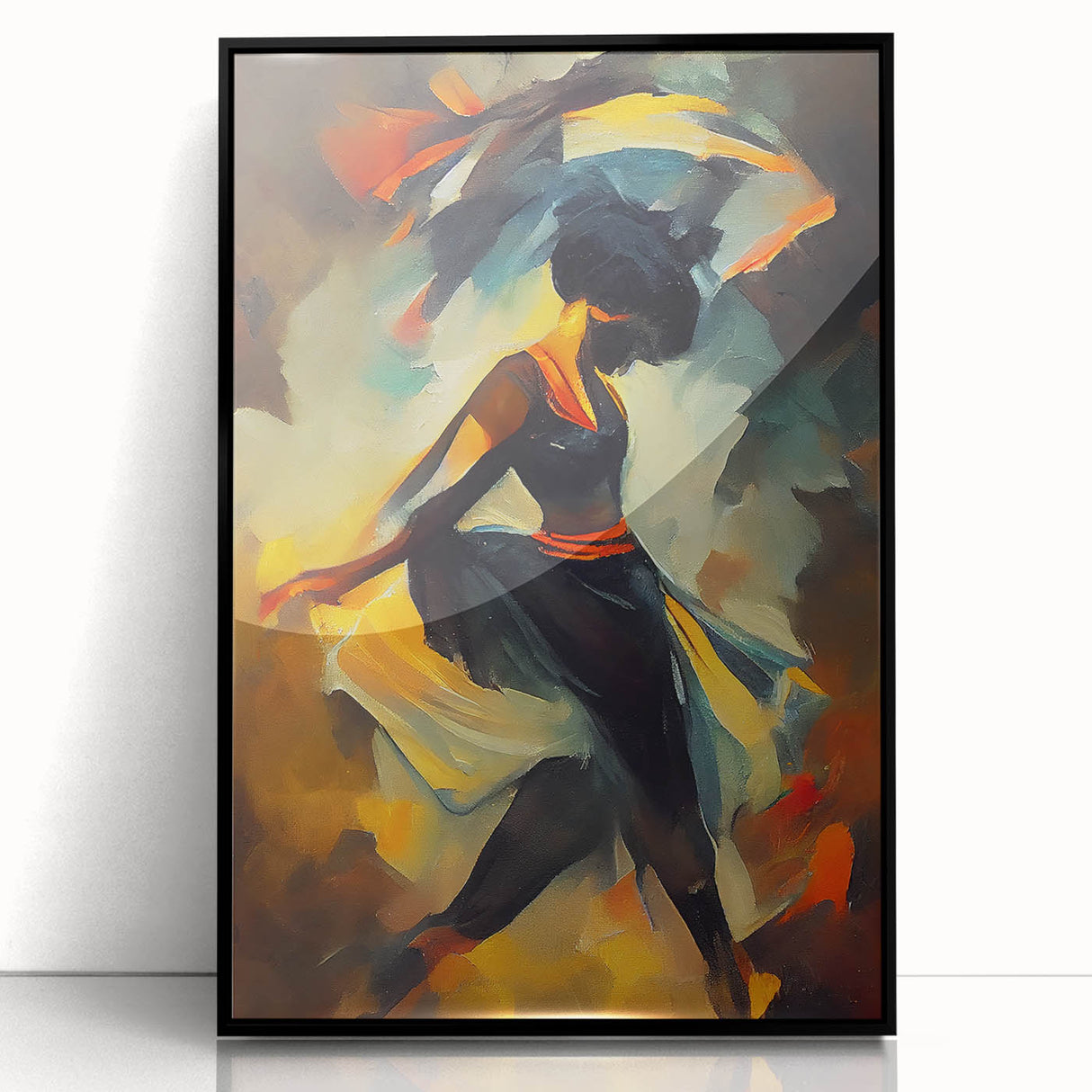 Framed abstract figurative wall art design showcasing bold colors and shapes, featuring a sleek black frame for modern decor.