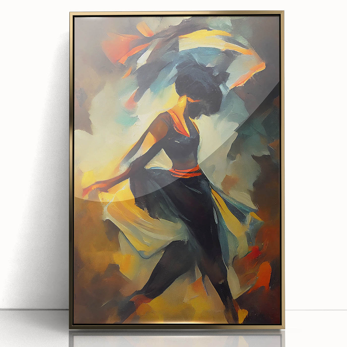 Framed abstract figurative wall art design showcasing gold and black colors, perfect for modern decor, enhancing any living space.