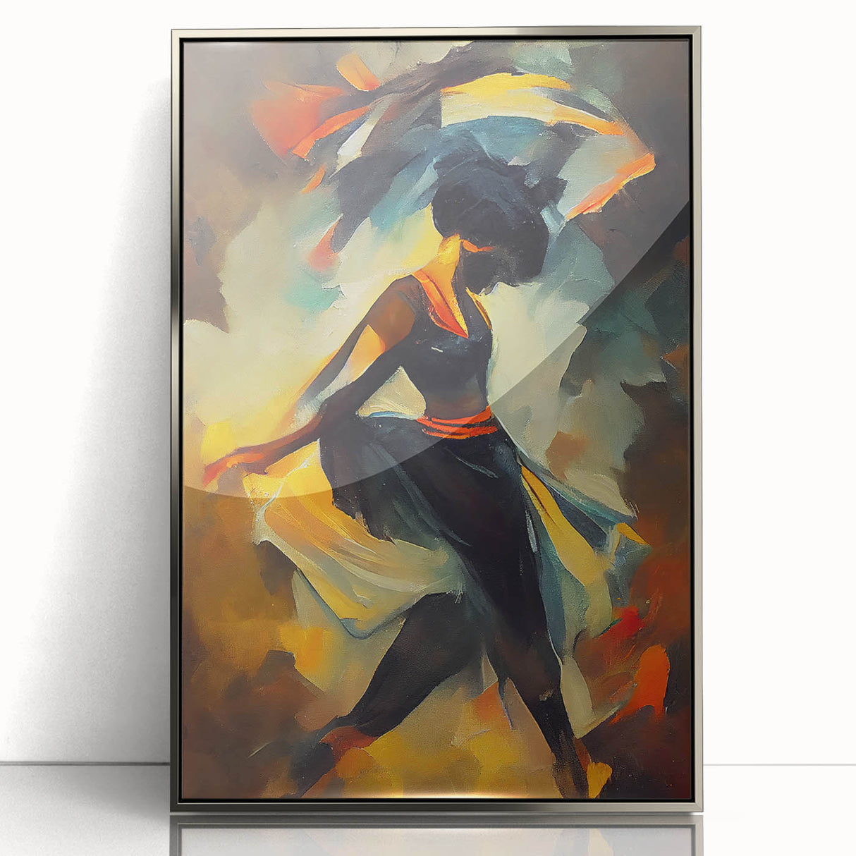 Framed abstract figurative wall art with a silver acrylic finish, showcasing vibrant colors and dynamic shapes, perfect for modern decor.
