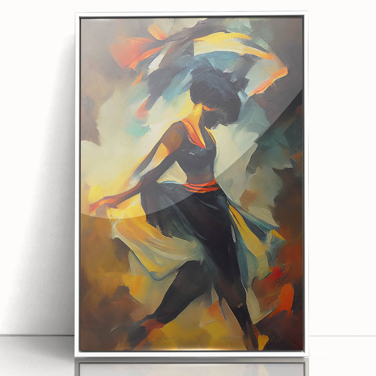 Framed abstract figurative wall art showcasing a vibrant, colorful design with unique shapes and patterns, set against a white background.