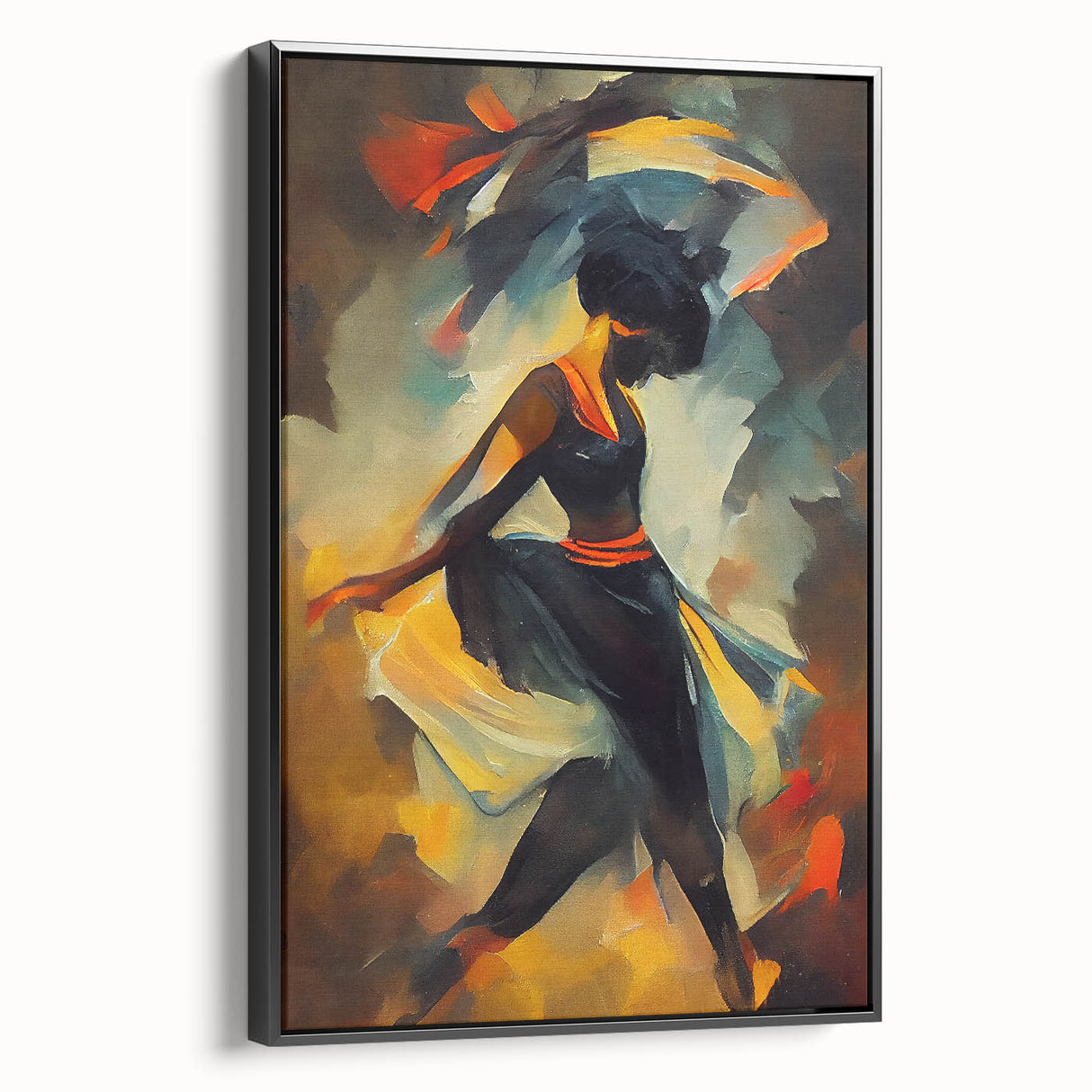 Framed abstract figurative wall art in black showcasing dynamic shapes and flowing lines, perfect for modern home decor.