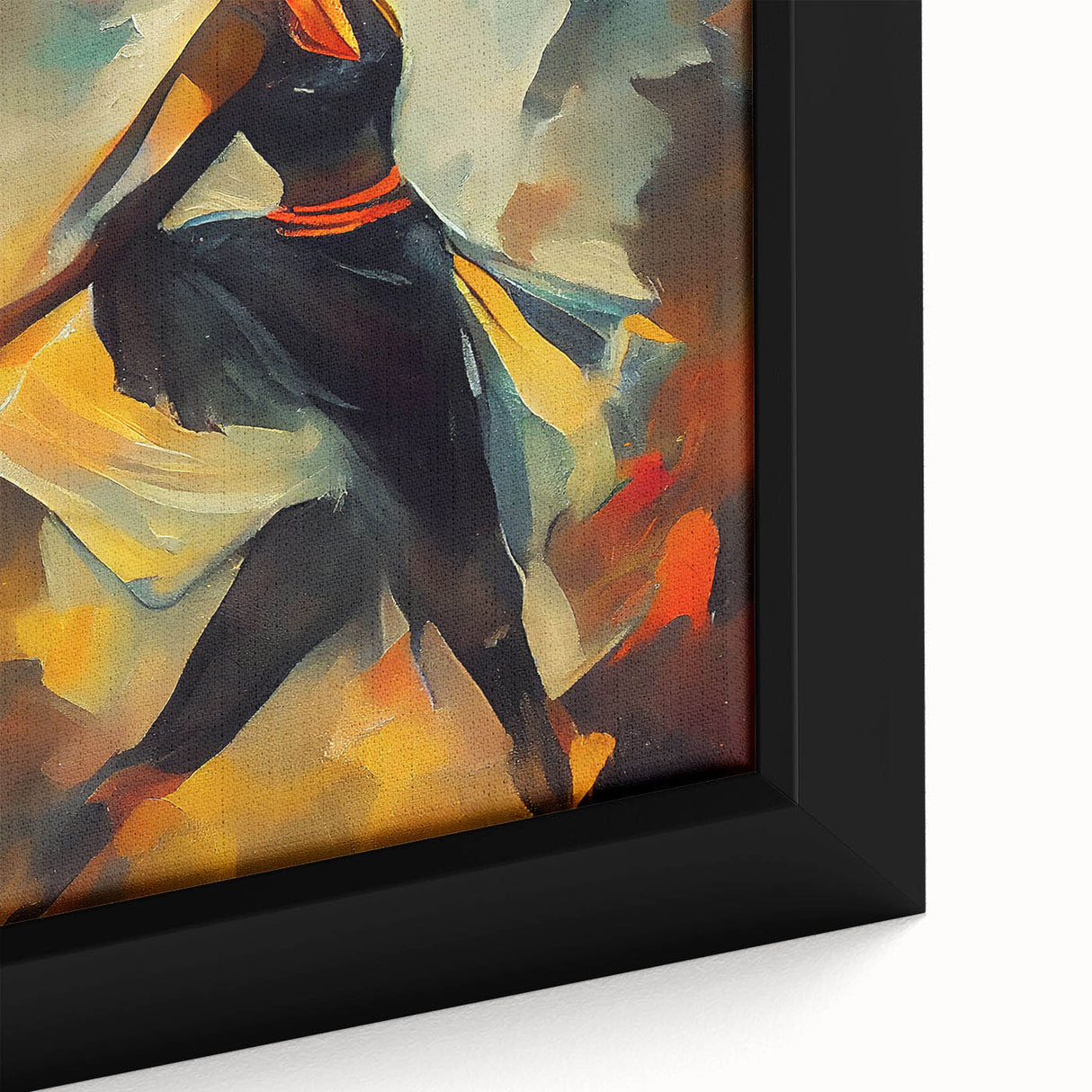 Close-up of a framed canvas artwork showcasing an abstract figurative design with vibrant colors and intricate brushstrokes, perfect for modern decor.